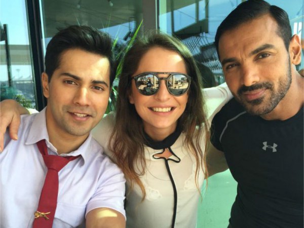 Varun Dhawan and John Abraham on "Dishoom" sets