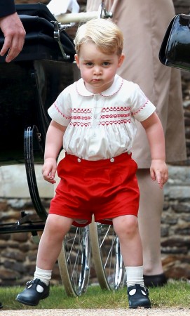 Prince George of Cambridge leaves the Church of St Mary Magdalene on the Sandringham Estate for the Christening of Princess Charlotte of Cambridge. Prince George