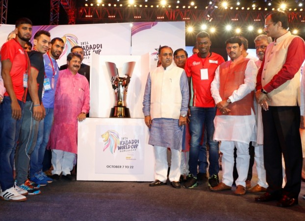 India captain Anup Kumar, Iran captain Meraj Sheykh, England captain Someshwar Kalia, Bangladesh captain Md. Aruduzzaman Munshi, Kenya captain David Shilisia, Argentina captain Sebastian Desocio unveil the trophy of the 2016 Kabaddi World Cup in Ahmedabad on Oct 1, 2016 kabaddi