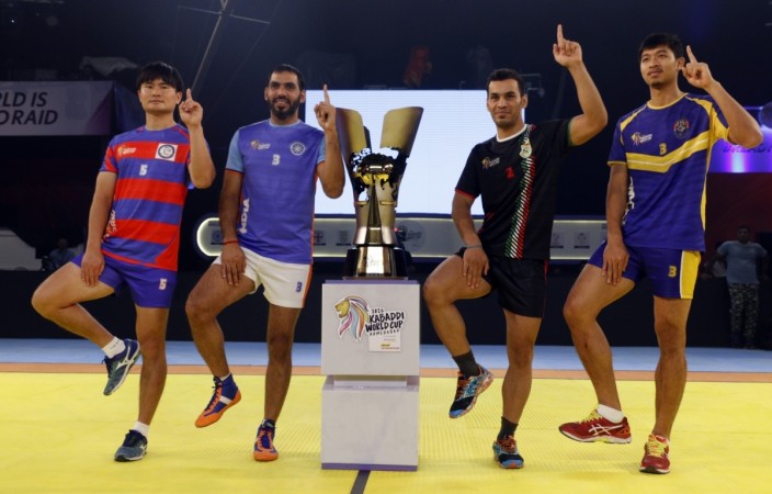 (L to R) South Korean kabaddi team captain Dong Ju Hong, Indian kabaddi team captain Anup Kumar, Iranian kabaddi team captain Meraj Shaykh and Thailand kabaddi team captain Khomsan Thongkham with Kabaddi Trophy ahead of their Kabaddi World Cup 2016 semifinals match in Ahmedabad kabaddi