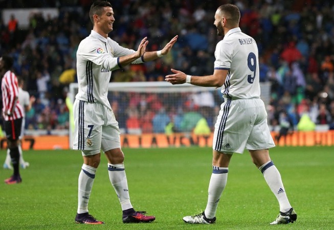 Real Madrid forwards Cristiano Ronaldo and Karim Benzema celebrate a goal against Athletic Bilbao, October 23, 2016 Cristiano Ronaldo Karim Benzema Real Madrid
