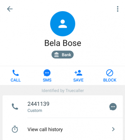 Truecaller screenshot shows the number 2441139 belongs to Bela Bose. Screenshot