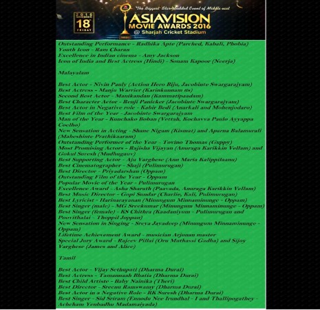 Asiavision Movie Awards 2016 winners Asiavision Movie Awards 2016 winners