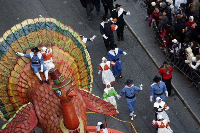 A turkey float makes its way through Times Square during the Macy's Thanksgiving Day Parade in New York Thanksgiving