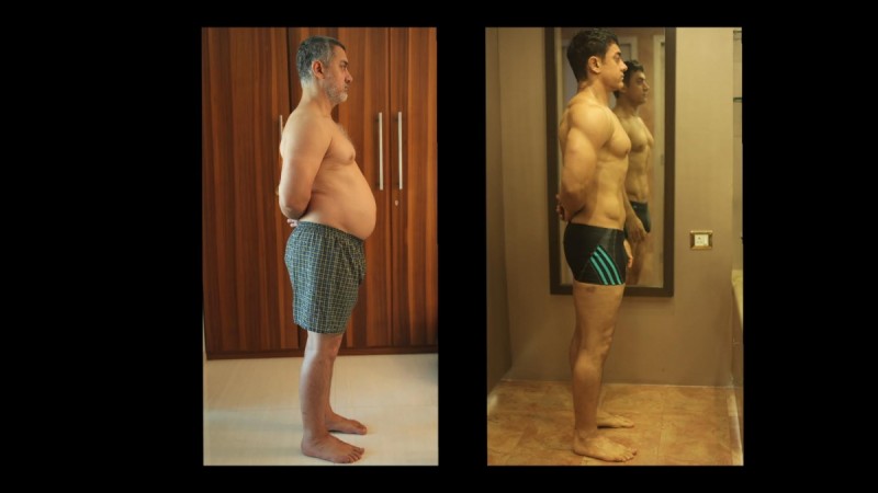 Aamir Khan body transformation for Dangal. In first schedule of shoot (left) In second schedule of shoot After (right) Aamir Khan body transformation for Dangal