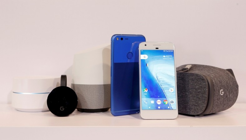 (L to R) Google Wifi, Google Chromecast Ultra, Google Home, Google Pixel XL, Google Pixel and Google Dreamview VR are displayed during the presentation of new Google hardware in San Francisco, California, U.S. October 4, 2016. Google Wifi, Google Chromecast Ultra, Google Home, Google Pixel XL, Google Pixel and Google Dreamview VR on display
