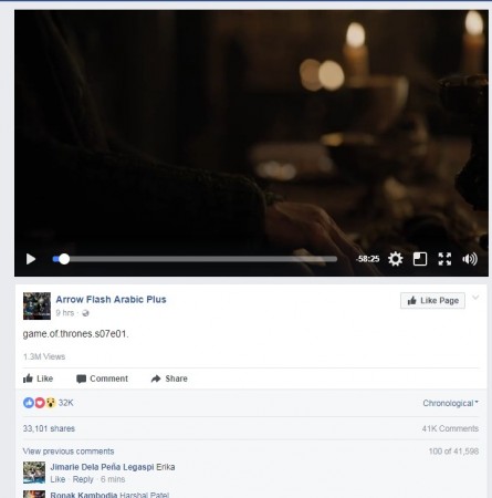The screenshot of the Facebook page that shared the Game of Thrones season 7 episode 1 online Game of Thrones season 7 episode 1 leaked online