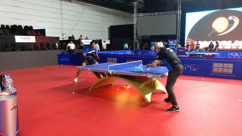 Sharat Kamal (left) trains with coach Massimo Costantini at TransStadia in Ahmedabad on Thursday (September 14). Table Tennis