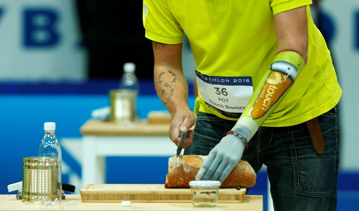 Bert Pot of Germany competes during the Powered Arm Prosthesis Race at the Cybathlon Championships in Kloten, Switzerland October 8, 2016.