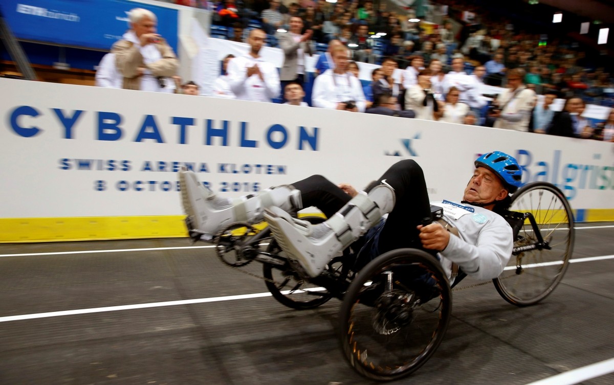 Michael McClellen of the U.S. competes during the Functional Electrical Stimulation Bike Race at the Cybathlon Championships in Kloten, Switzerland October 8, 2016