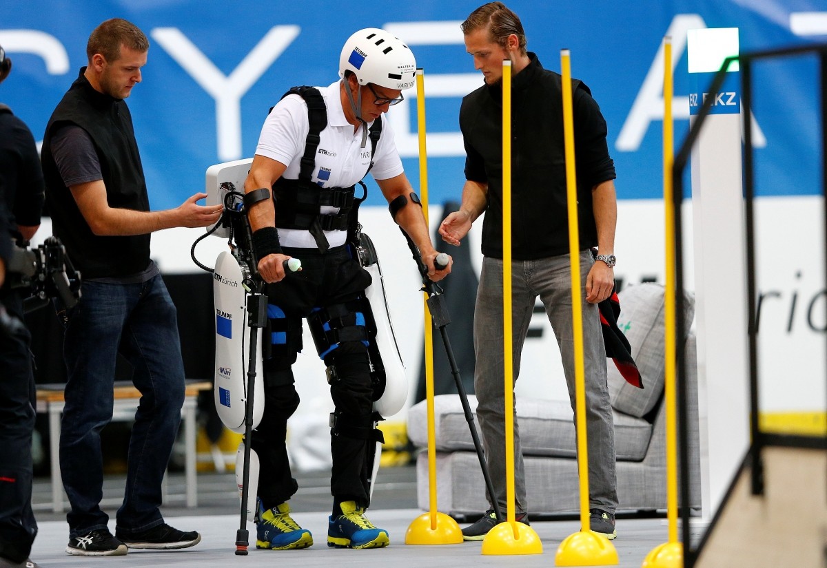 Philipp Wipfli of Switzerland competes during the Powered Exoskeleton Race at the Cybathlon Championships in Kloten, Switzerland October 8, 2016.