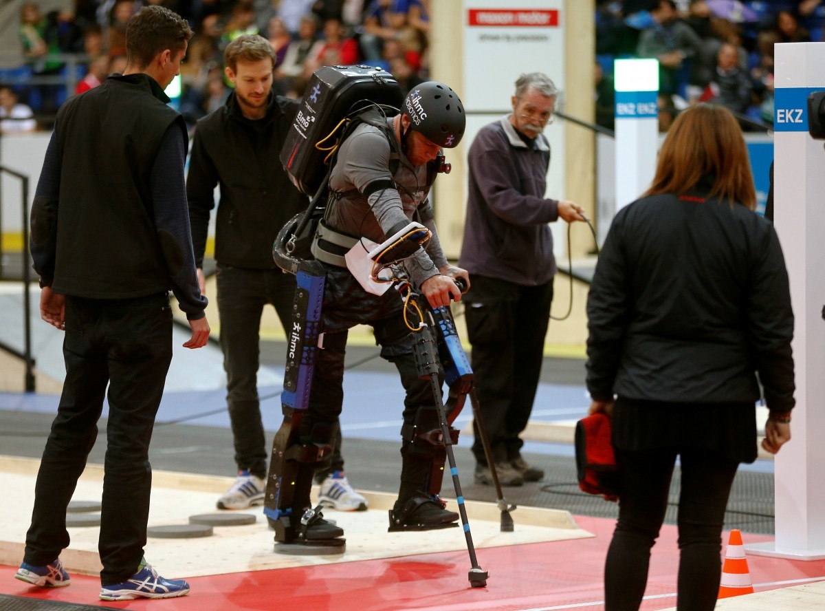Mark Clayton Daniel of the U.S. competes during the Powered Exoskeleton Race at the Cybathlon Championships in Kloten, Switzerland October 8, 2016.