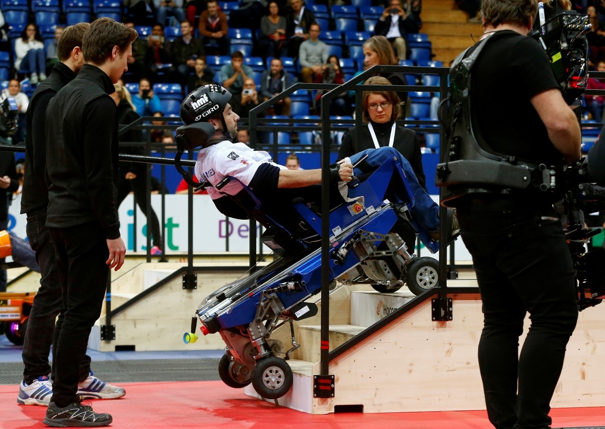 Florian Hauser of Switzerland competes during the Powered Wheelchair Race at the Cybathlon Championships in Kloten, Switzerland October 8, 2016.