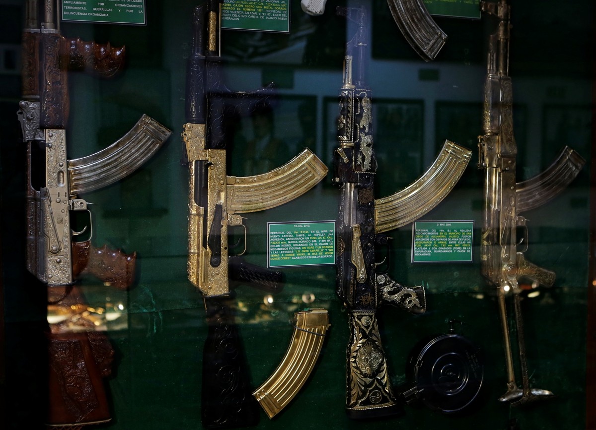 Guns decorated with gold are displayed in the Drugs Museum, used by the military to showcase to soldiers the lifestyles of Mexican drug lords, at the headquarters of the Ministry of Defense in Mexico City, October 14, 2016.