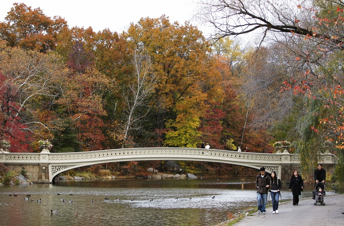 People walk through fall foliage in Central Park in New York Fall Foliage season