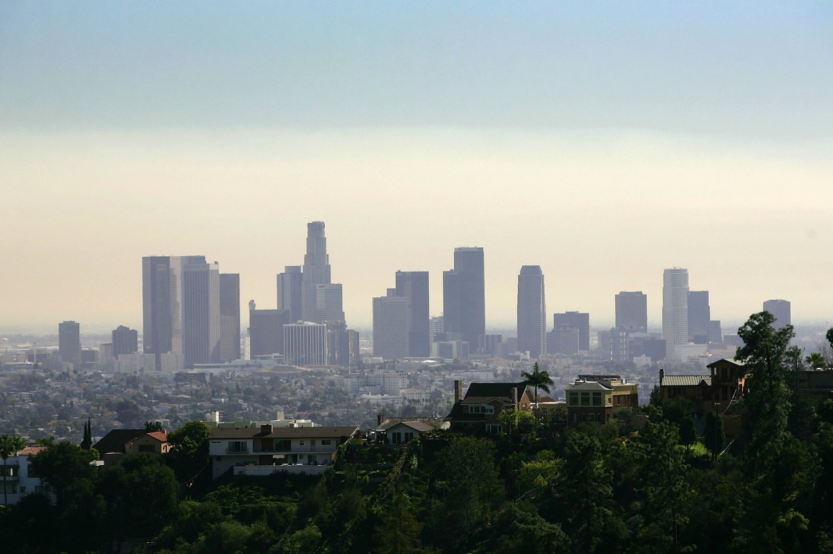 The U.S. Bank Tower, formerly known as the Library Tower, is seen as the tallest on the downtown skyline amid smoke from wildfires in Orange and Los Angeles Counties on February 9, 2006 in Los Angeles, California. Los Angeles