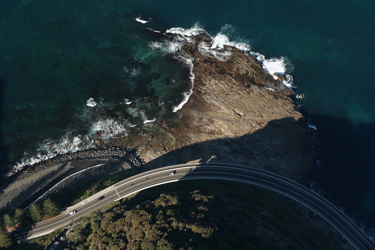 A view of the Sea-Cliff Bridge at Stanwell Park from a blimp on April 28, 2016, in Sydney, Australia. Sydney