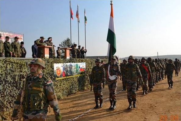 Indian soldiers march at the opening ceremony of joint military exercises, Indra 2016. Indra 2016