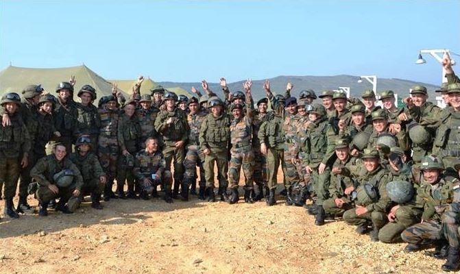 Indian and Russian soldiers gather before the start of Joint military exercises, Indra 2016. Indra 2016