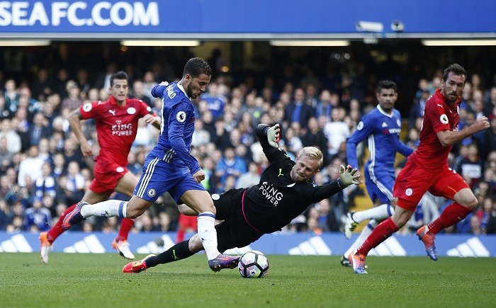 Eden Hazard scores the second goal for Chelsea in their Premier League match against Leicester City, October 15, 2016 Eden Hazard Chelsea Kasper Schmeichel Leicester City