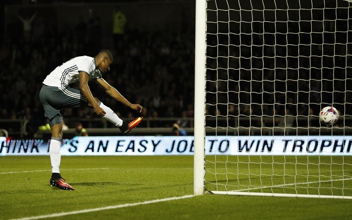 Manchester United striker Marcus Rashford scores the third goal in the EFL Cup third round win over Northampton Town, September 21, 2016 Marcus Rashford Manchester United