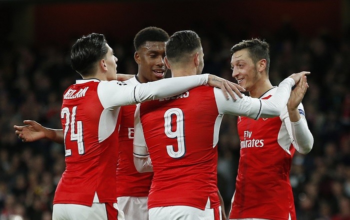 Arsenal players celebrate after scoring a goal against Ludogorets in the Champions League, October 19, 2016 Arsenal Ozil