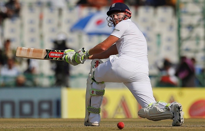 England batsman Jonny Bairstow plays a sweep shot during his half-century on day one of the third Test against India, November 26, 2016 Jonny Bairstow England