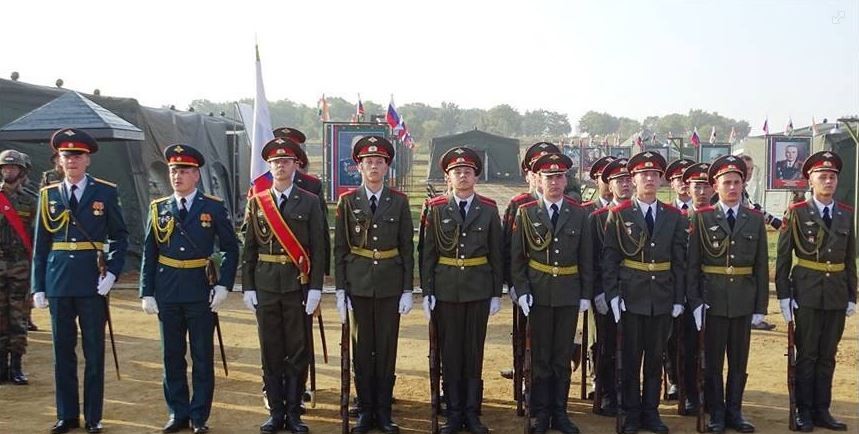 Russian soldiers stand during the opening ceremony of joint military exercises, Indra 2016. Indra 2016