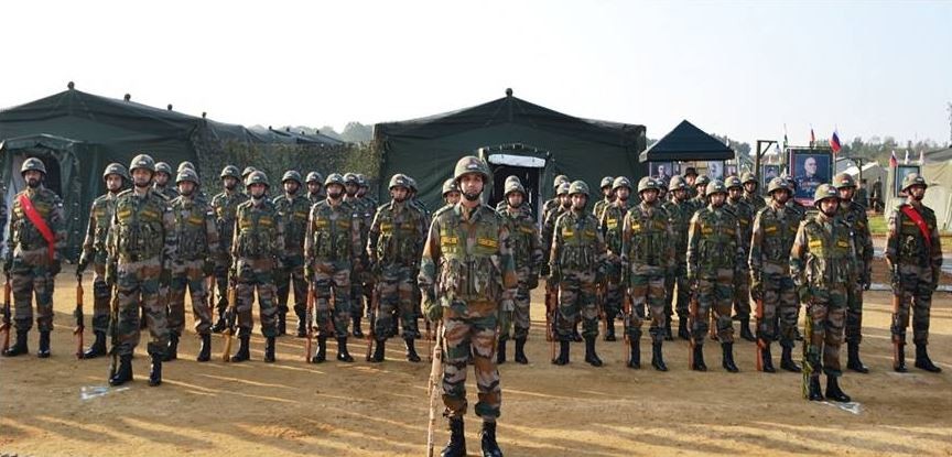 Indian soldiers at the opening ceremony of joint military exercises, Indra 2016. Indra 2016