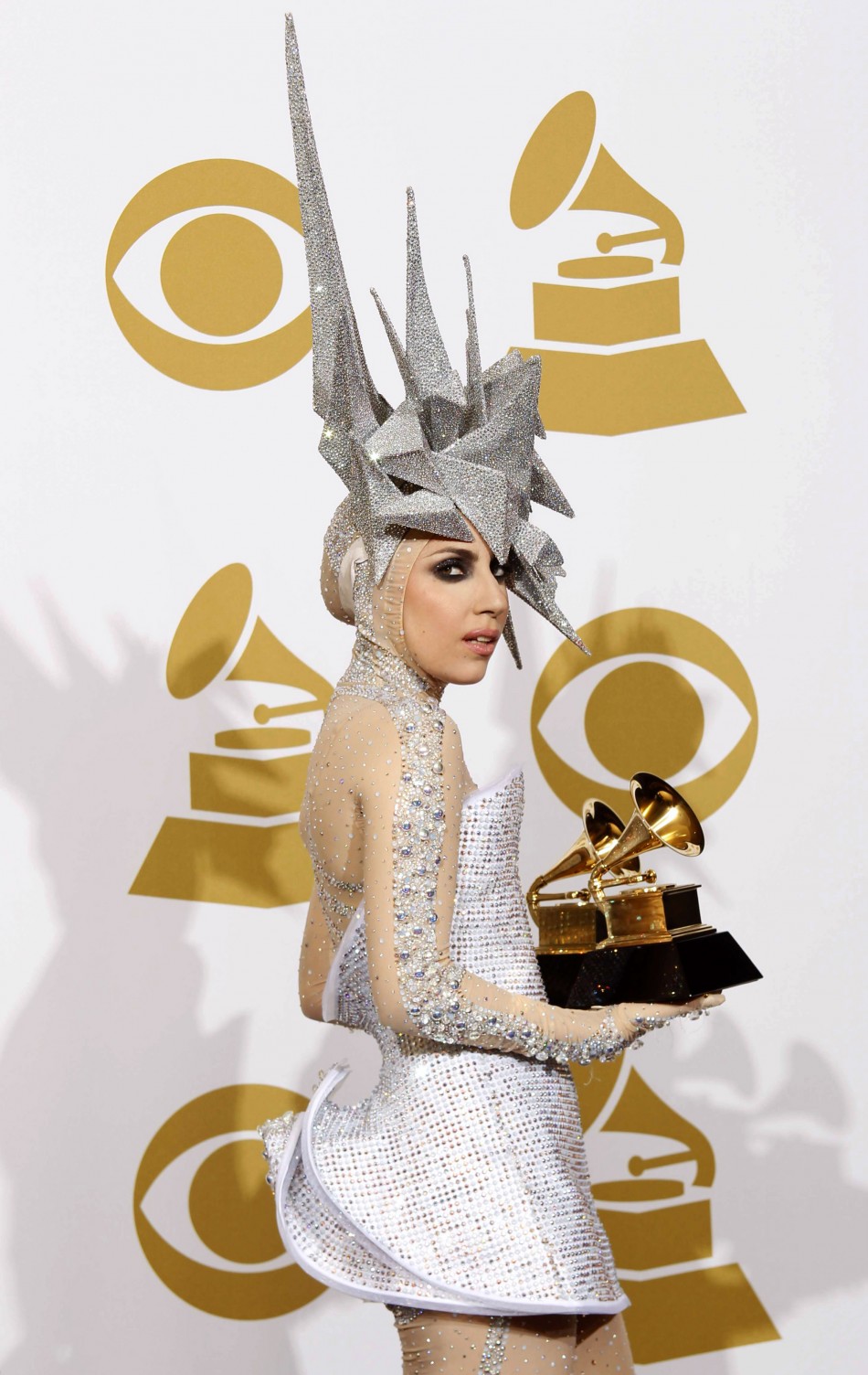 Lady Gaga holds her two Grammy awards at the 52nd annual Grammy Awards in Los Angeles Lady Gaga holds her two Grammy awards at the 52nd annual Grammy Awards in Los Angeles