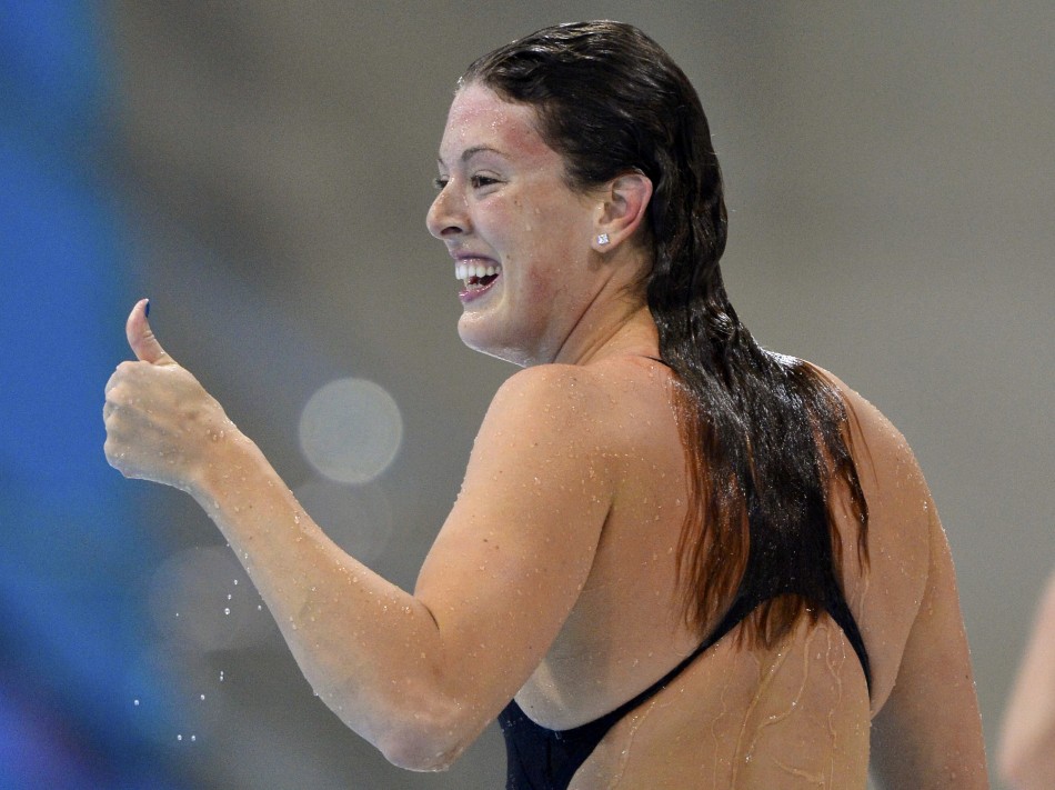 Allison Schmitt of the U.S. gestures after setting an Olympic record to win the women's 200m freestyle final during the London 2012 Olympic Games
Allison Schmitt