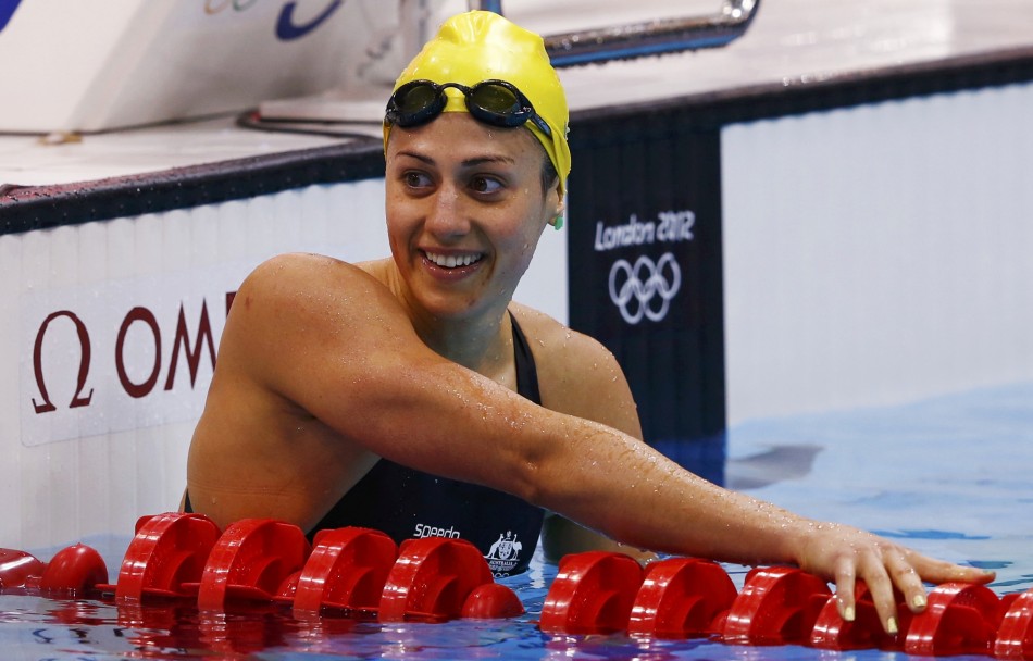Australia's Stephanie Rice smiles after finishing in third place in heat 5 of the women's 200m individual medley event at the London 2012 Olympic Games at the Aquatics Centre.
Stephanie Rice