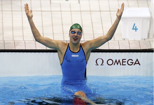 Lithuania's Ruta Meilutyte celebrates after winning the women's 100m breaststroke final at the London 2012 Olympic Games at the Aquatics Centre
Ruta Meilutyte