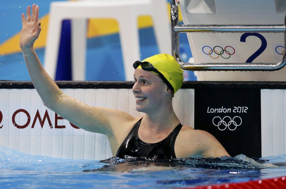 Australia's Bronte Barratt waves after she took first place in her women's 200m freestyle semi-final at the London 2012 Olympic Games at the Aquatics Centre Bronte Barratt