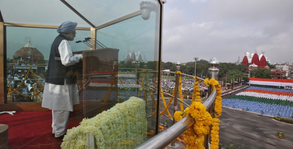 Indian PM Singh addresses the nation from a bullet-proof enclosure at the historic Red Fort during Independence Day celebrations in Delhi Independence Day