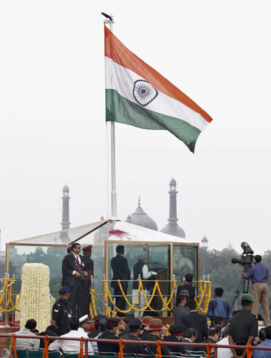 Indian Prime Minister Singh addresses the nation from a bullet-proof enclosure at the historic Red Fort during Independence Day celebrations in Delhi Independence Day