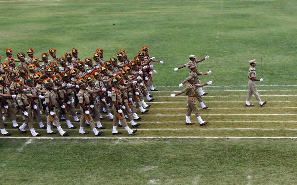 A police contingent marches during India's Independence Day celebrations in Srinagar Independence Day