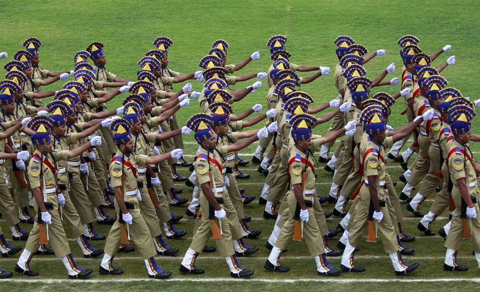 A police contingent marches during India's Independence Day celebrations in Srinagar Independence Day