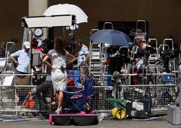 The media pen is seen opposite the Lindo Wing of St Mary's Hospital, where Britain's Catherine, Duchess of Cambridge is due to give birth, in London Royal baby
