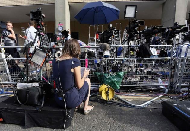 The press pen is seen opposite the Lindo Wing of St Mary's Hospital, where Britain's Catherine, Duchess of Cambridge is due to give birth, in London Royal Baby