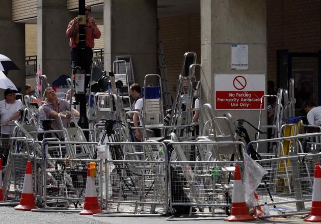 The media pen is seen opposite the Lindo Wing of St Mary's Hospital, where Britain's Catherine, Duchess of Cambridge is due to give birth, in London Royal Baby