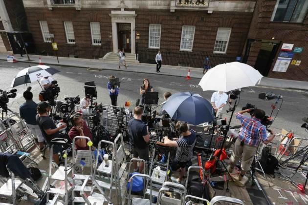 The press pen is seen opposite the Lindo Wing of St Mary's Hospital, where Britain's Catherine, Duchess of Cambridge is due to give birth, in London Royal Baby