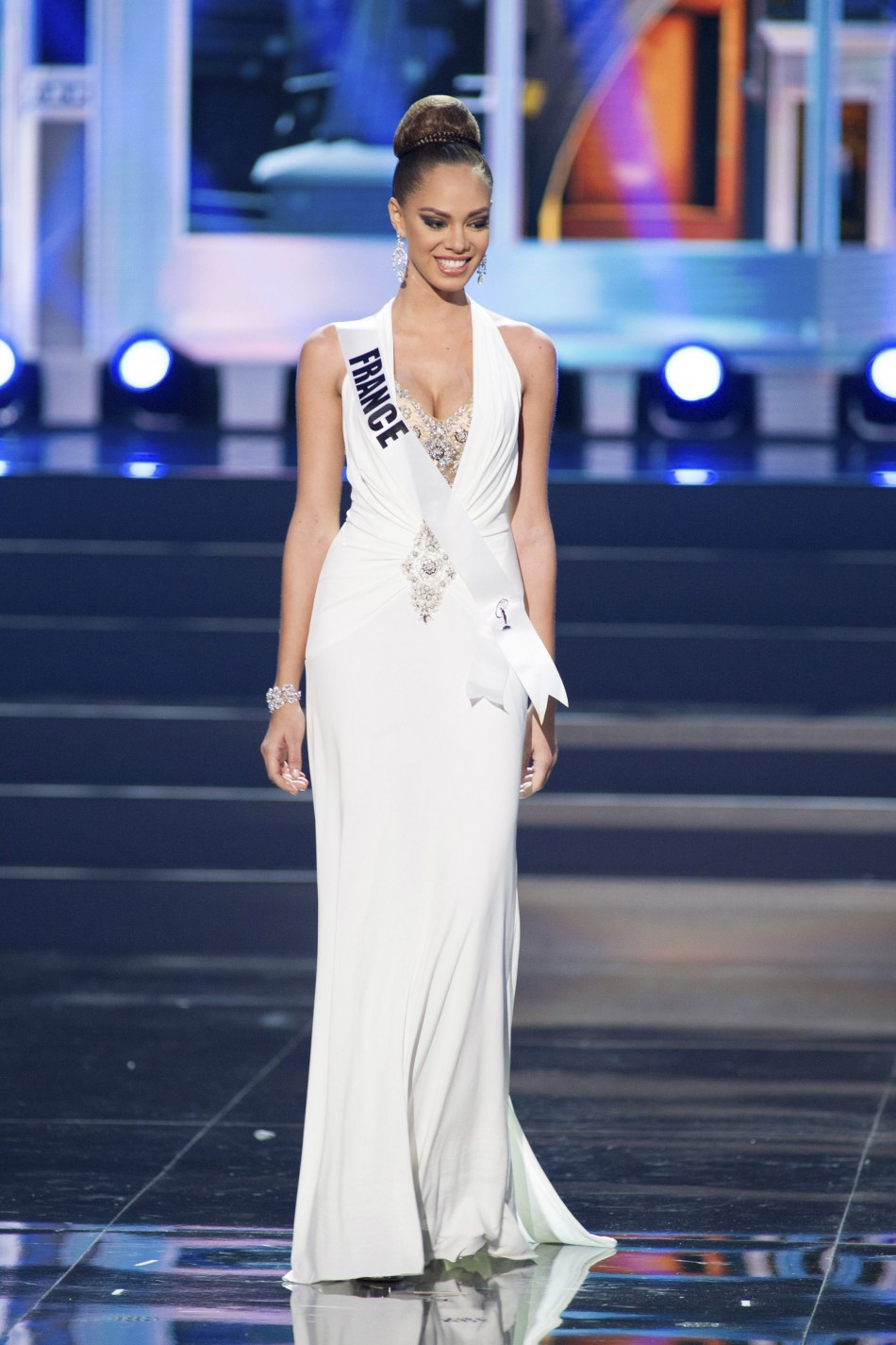 Hinarani de Longeaux, Miss France 2013, competes in her evening gown during the preliminary competition Miss Universe 2013