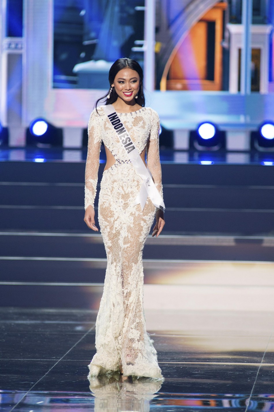 Whulandary, Miss Indonesia 2013, competes in her evening gown during the preliminary competition Miss Universe 2013