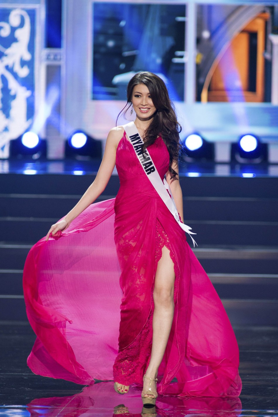 Moe Set Wine, Miss Myanmar 2013, competes in her evening gown during the preliminary competition Miss Universe 2013