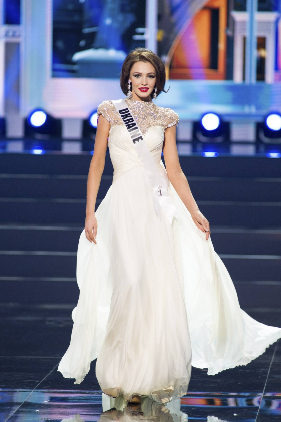 Olga Storozhenko, Miss Ukraine 2013, competes in her evening gown during the preliminary competition Miss Universe 2013