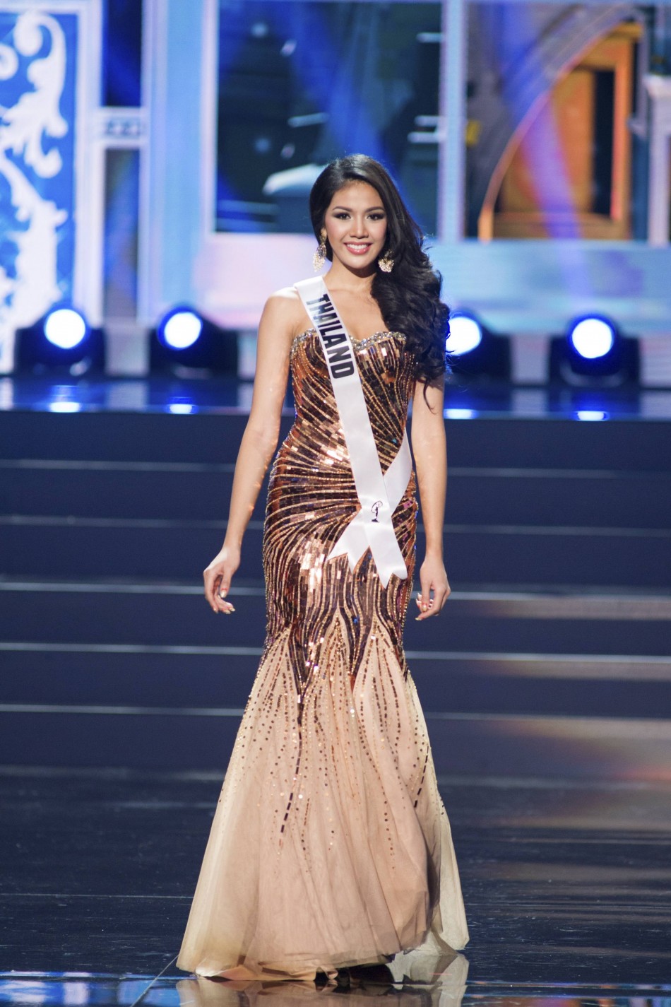 Chalita Yaemwannang, Miss Thailand 2013, competes in her evening gown during the preliminary competition Miss Universe 2013