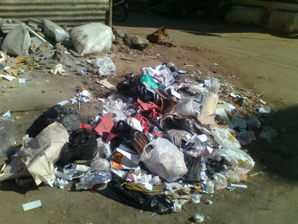 Household wastes being thrown beside a road in Shanthinagar, Bangalore. A stray dog is seen taking rest near the garbage heap. Stray Dog