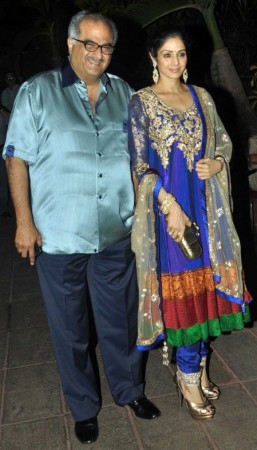 Bollywood actress Sridevi with husband Boney Kapoor at Retiesh Deshmukh and Genelia D’Souza's wedding in Mumbai, India.