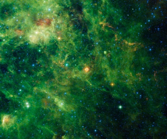 This images as observed by the NASA's Wide-field Infrared Survey Explorer (WISE), released on March 14, 2012, shows the central bright cloud of dust which is the blast wave moving through interstellar space heating up dust as it goes. The blast wave travels fast -- at an average speed of about 11,000 miles per second (18,000 kilometers per second). By the time WISE took this image, the blast wave has expanded out to about a distance of 21 light-years from the original explosion. The flash of light from the explosion, traveling at the speed of light, has covered well over 300 light-years. The orange-colored echoes further out from the central remnant are from interstellar dust that was heated by the supernova flash centuries after the original explosion. The colors used in this image represent specific wavelengths of infrared light. Blue and cyan (blue-green) represent light emitted predominantly from stars at wavelengths of 3.4 and 4.6 microns. Green and red represent light mostly emitted by dust at 12 and 22 microns, respectively. NASA's Wide-field Infrared Survey Explorer image of the blast wave moving through interstellar